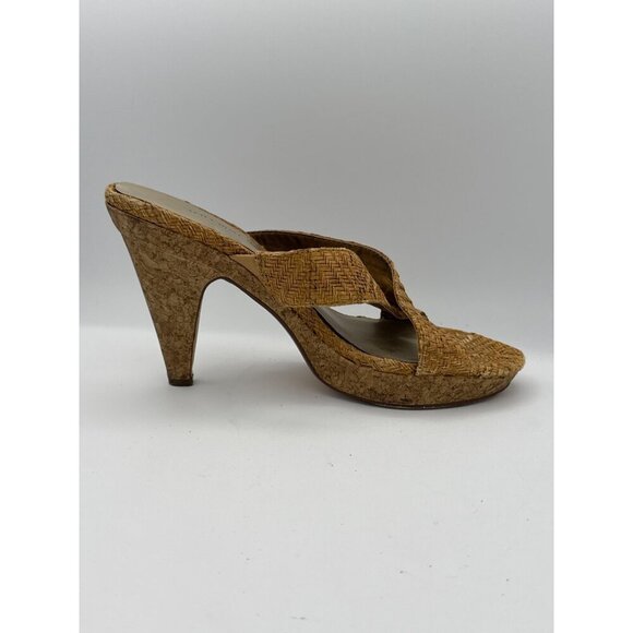 Ann Marino Womens Size 7.5 Tan Woven Mule Heels With Cork Platform - Picture 4 of 7